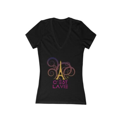 C'est La Vie , Women's Jersey Short Sleeve Deep V-Neck Tee with Golden and Pink Illustration 0165 - Image 2