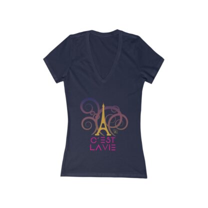 C'est La Vie , Women's Jersey Short Sleeve Deep V-Neck Tee with Golden and Pink Illustration 0165 - Image 4