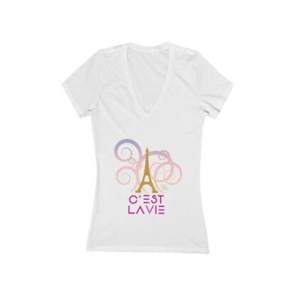 C'est La Vie , Women's Jersey Short Sleeve Deep V-Neck Tee with Golden and Pink Illustration 0165