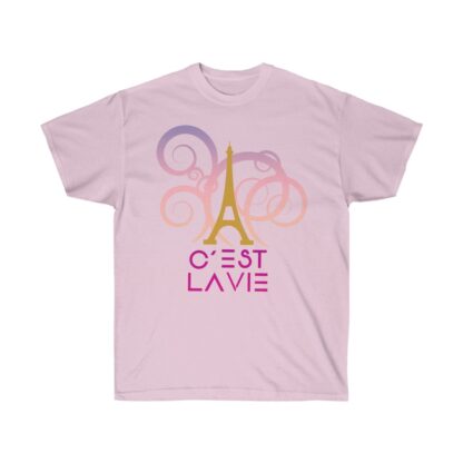 C'est La Vie,  Ultra Cotton Tee with Gold and Pink CLV Tower 0131 - Image 15