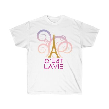 C'est La Vie,  Ultra Cotton Tee with Gold and Pink CLV Tower 0131 - Image 3