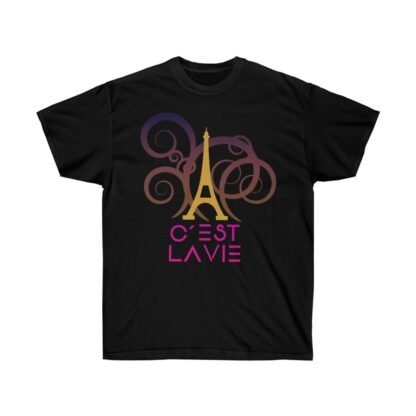 C'est La Vie,  Ultra Cotton Tee with Gold and Pink CLV Tower 0131