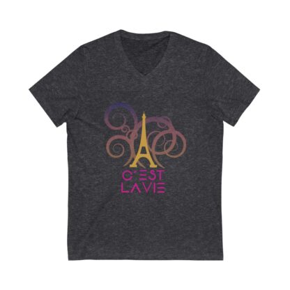 C'est La Vie, Jersey Short Sleeve V-Neck T shirt  with Gold and Pink CLV Tower And Logo 0164 - Image 11