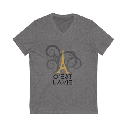 C'est La Vie, Jersey Short Sleeve V-Neck Tee with Gold CLV Tower Logo 0163 - Image 5