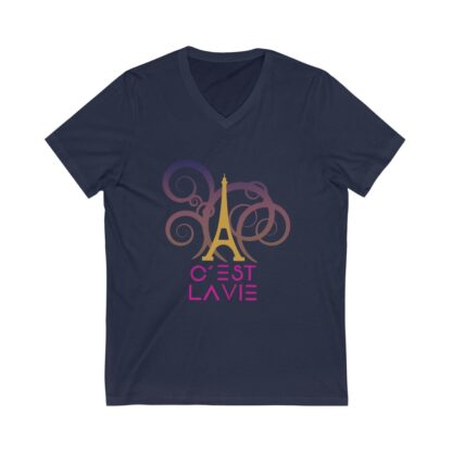 C'est La Vie, Jersey Short Sleeve V-Neck T shirt  with Gold and Pink CLV Tower And Logo 0164 - Image 13