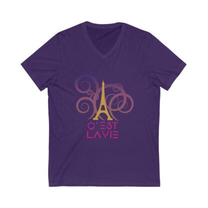 C'est La Vie, Jersey Short Sleeve V-Neck T shirt  with Gold and Pink CLV Tower And Logo 0164 - Image 15