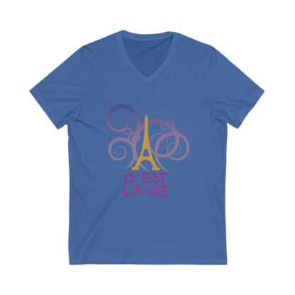 C'est La Vie, Jersey Short Sleeve V-Neck T shirt  with Gold and Pink CLV Tower And Logo 0164 - Image 7