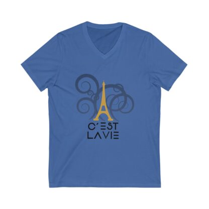 C'est La Vie, Jersey Short Sleeve V-Neck Tee with Gold CLV Tower Logo 0163 - Image 7