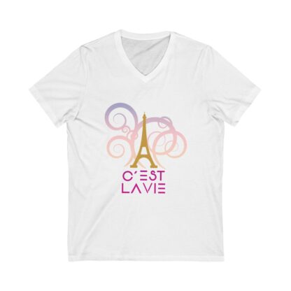 C'est La Vie, Jersey Short Sleeve V-Neck T shirt  with Gold and Pink CLV Tower And Logo 0164