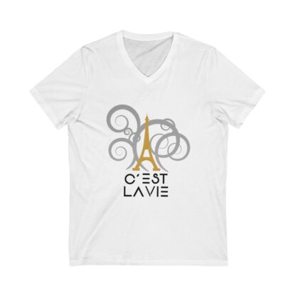 C'est La Vie, Jersey Short Sleeve V-Neck Tee with Gold CLV Tower Logo 0163 - Image 3