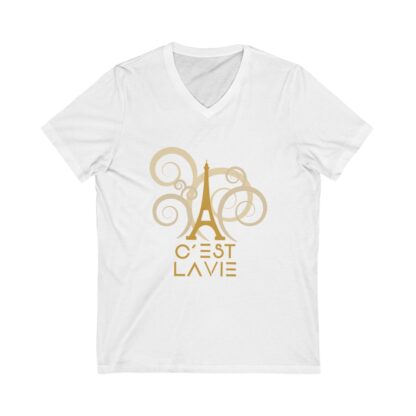 C'est La Vie, Jersey Short Sleeve V-Neck Tee with Gold CLV Tower 0160